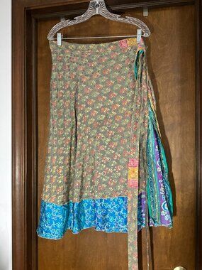 Darn Good Yarn Sari Silk Wrap Skirt Womens Goddess Mini Boho Gypsy Reversible
